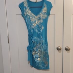 Cache Blue and Silver Asymmetrical Tunic with Cap Sleeves